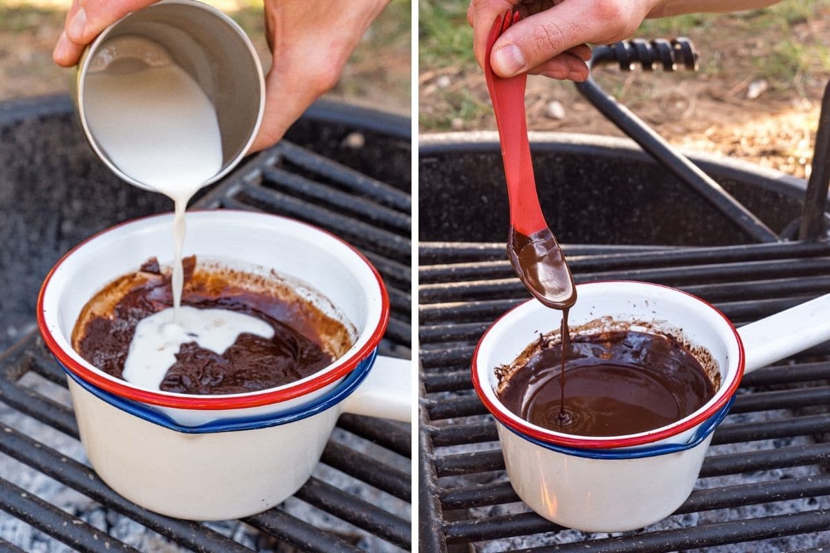 Stirring milk into chocolate fondue