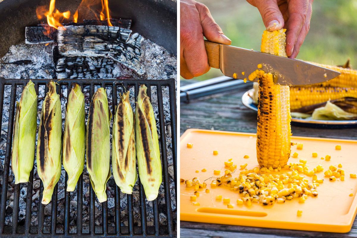 Left: corn in husks on the grill. Right: Cutting corn kernels off the cob