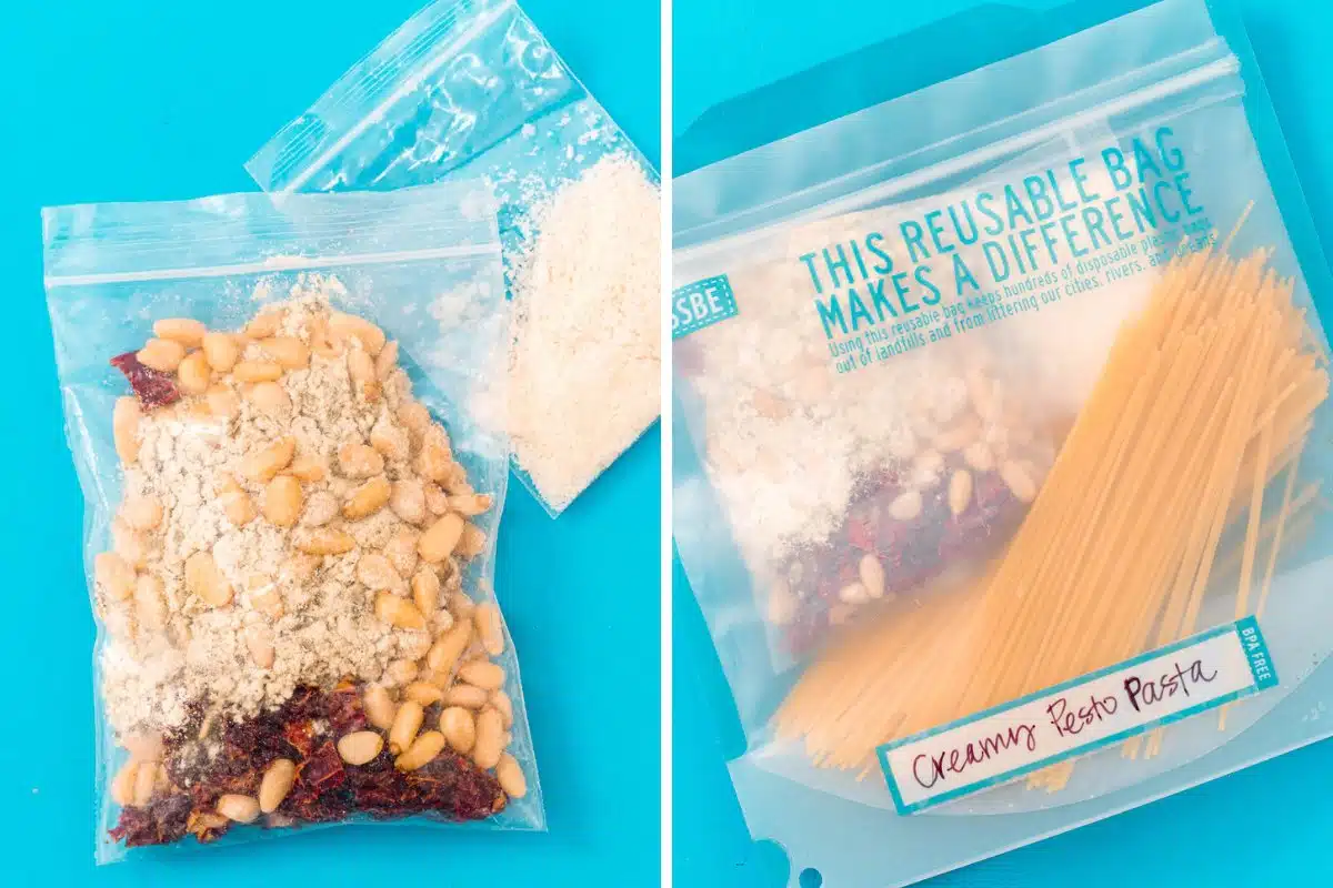 Left: Pine nuts, tomatoes, sauce mix, and parmesan cheese in small baggies. Right: All ingredients in a zip top bag.