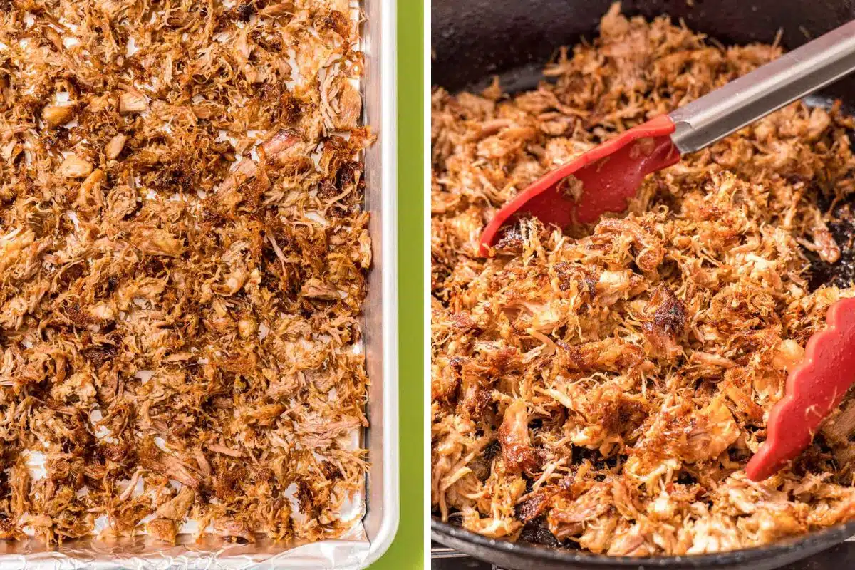 Instant pot carnitas crisped on a sheet pan and in a cast iron skillet.