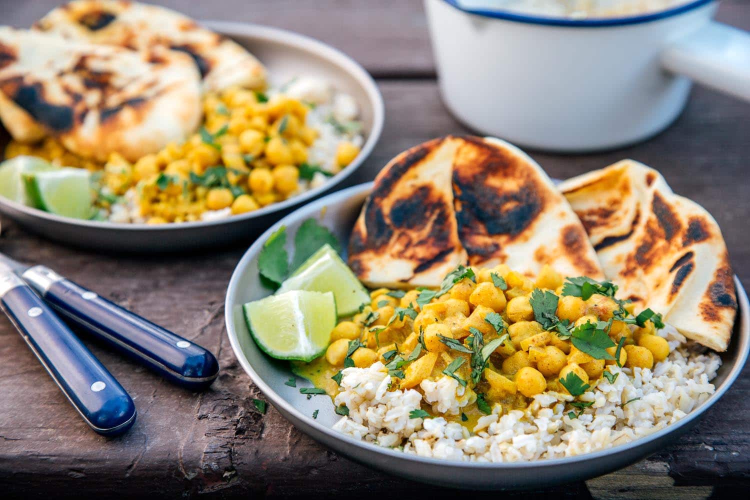 Chickpea curry over rice on a camping plate.