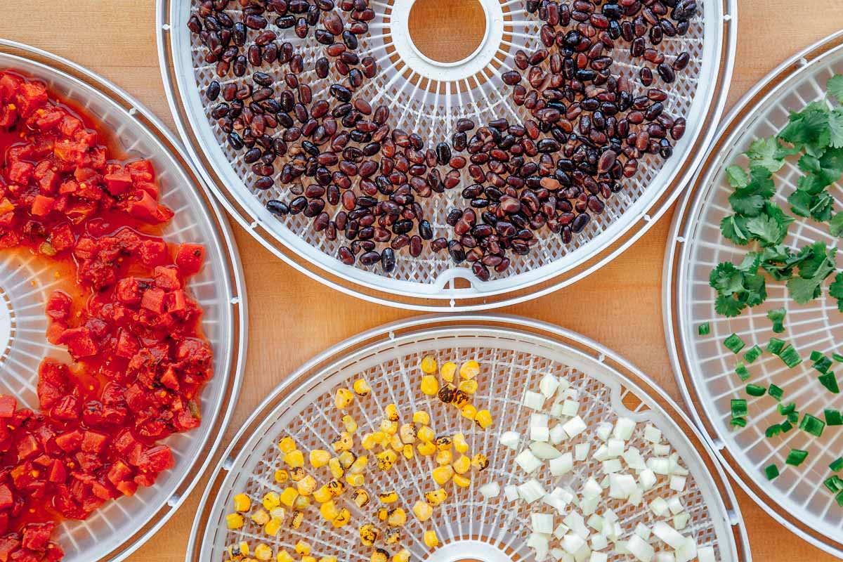 Beans, tomatoes, corn, onions, and peppers on dehydrator trays.
