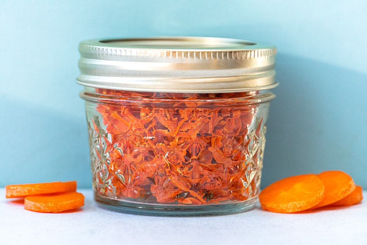 Dehydrated carrots in a glass jar