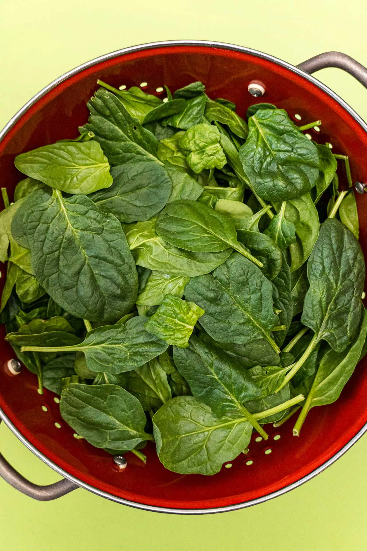 Spinach in a red colander