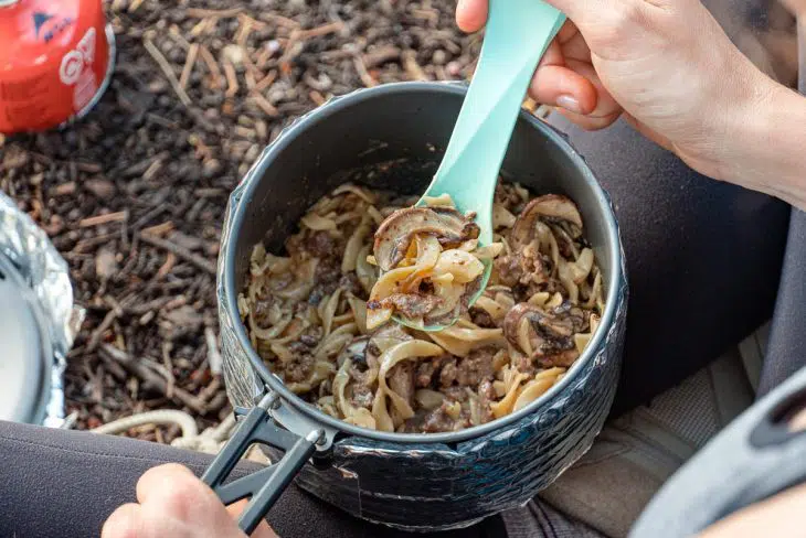 Hand holding a pot with beef stroganoff