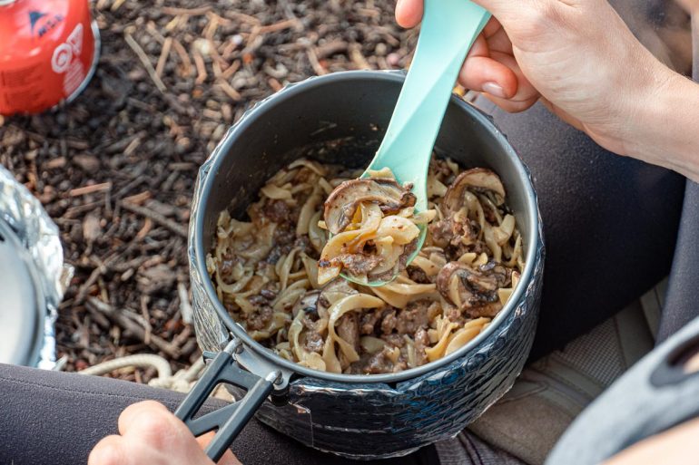Hand holding a pot with beef stroganoff