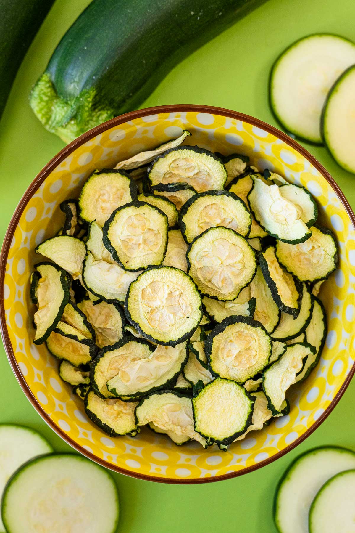 Zucchini chips in a yellow bowl