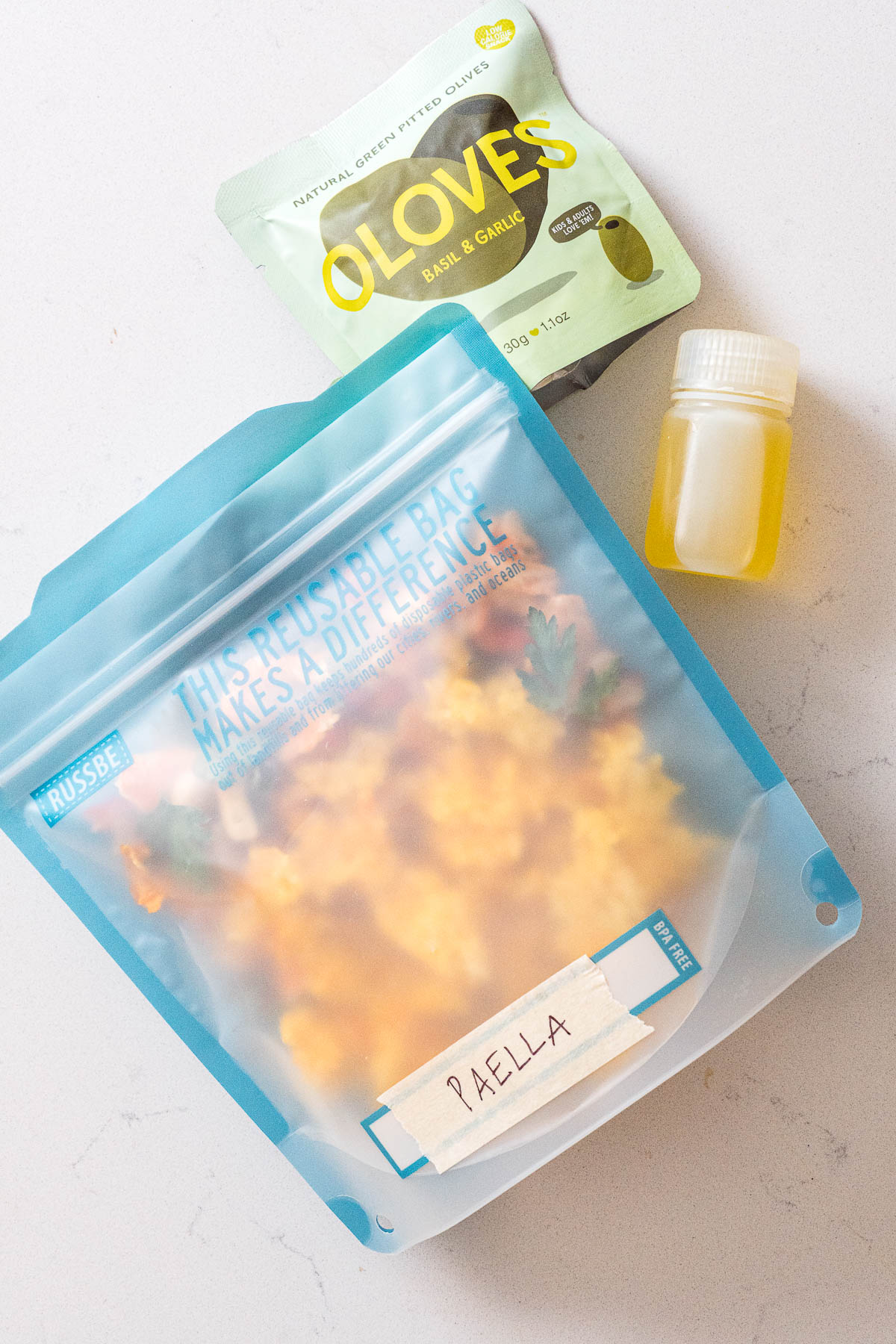 Paella packaged in a baggie for backpacking