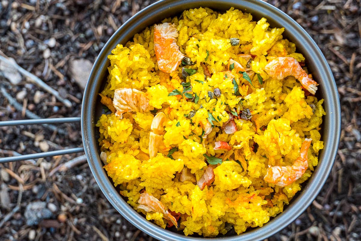 Dehydrated paella in a backpacking pan