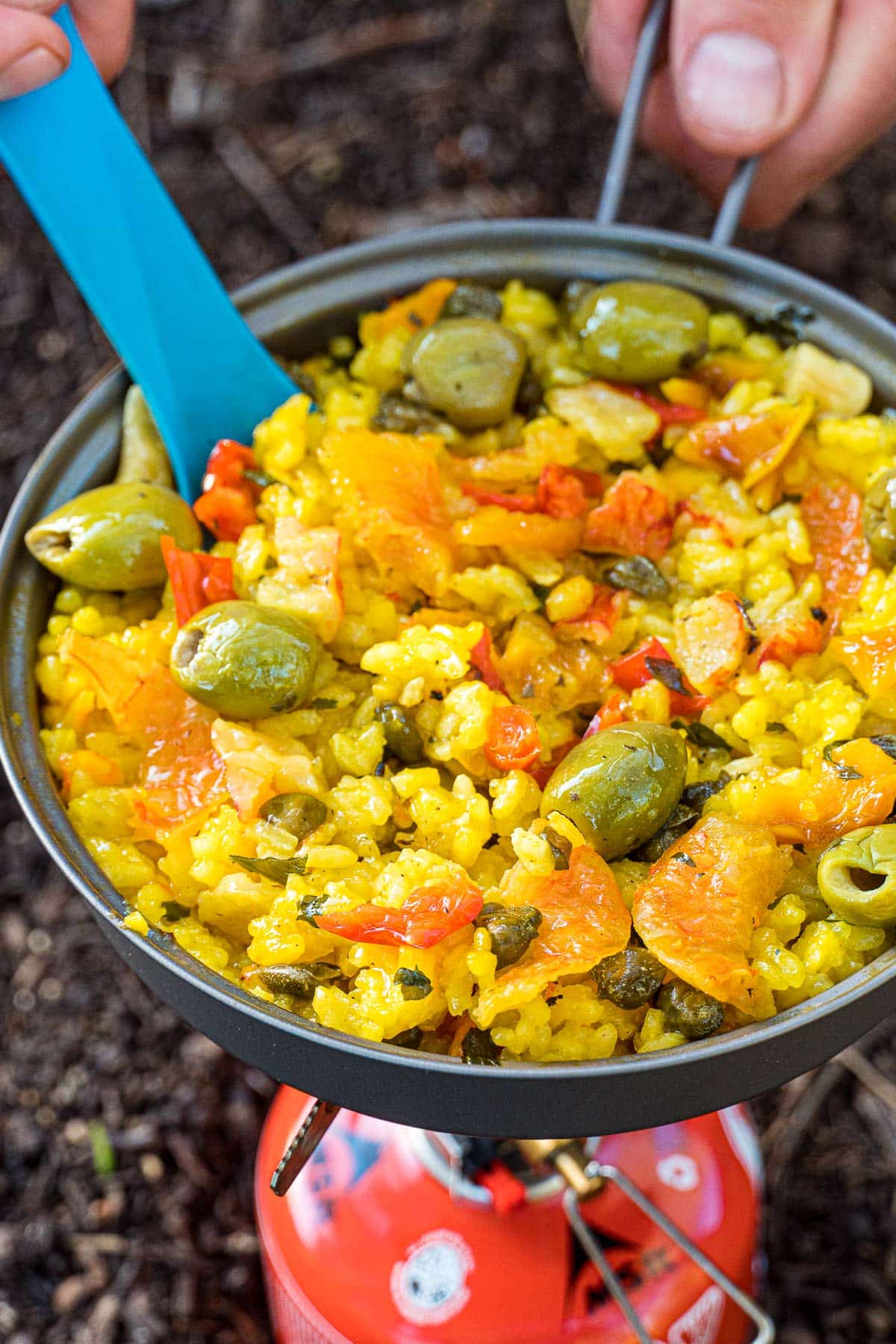 Paella in a backpacking pan