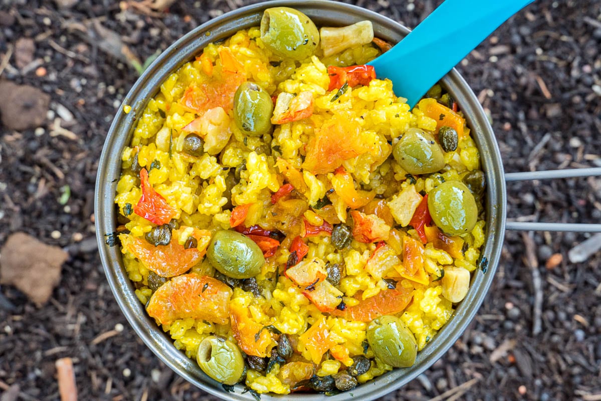 Paella in a backpacking pan