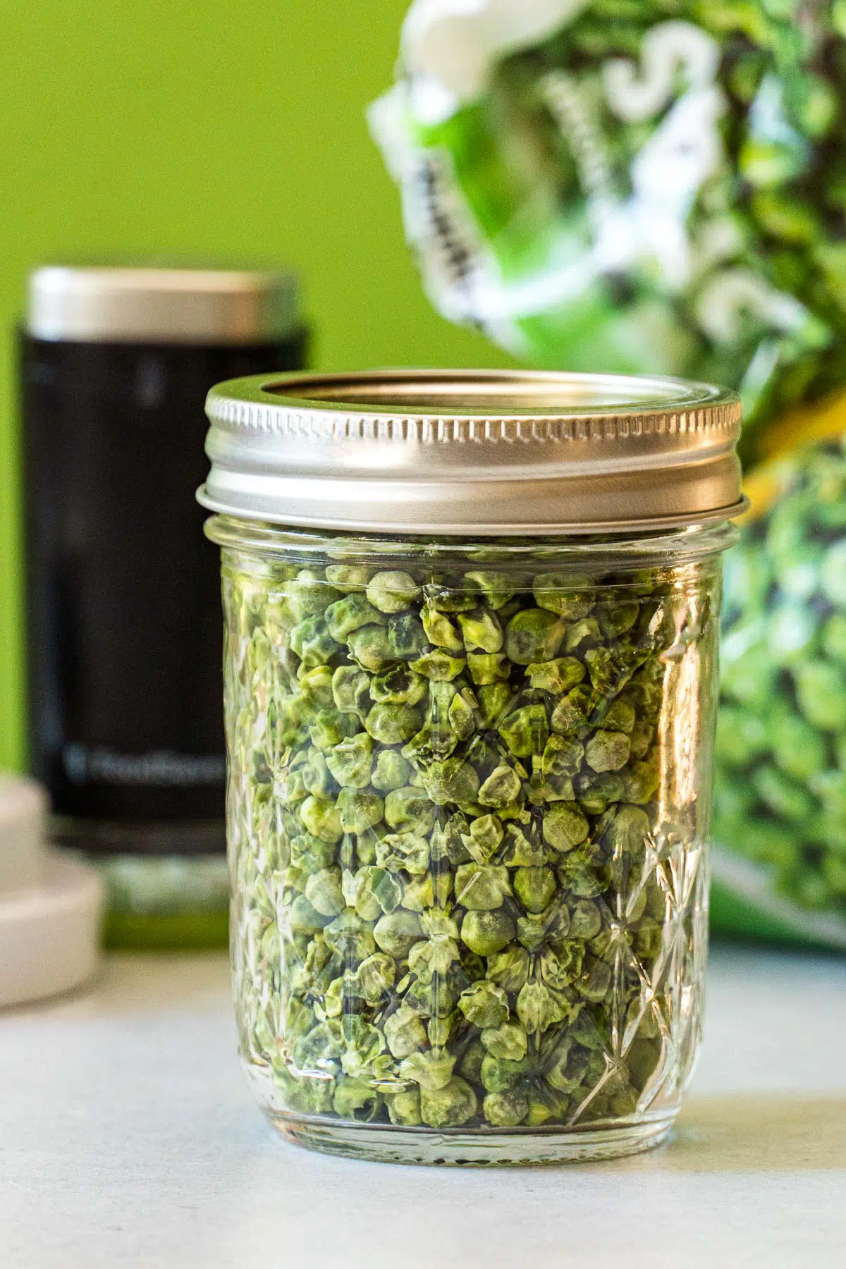 Dehydrated peas in a glass jar