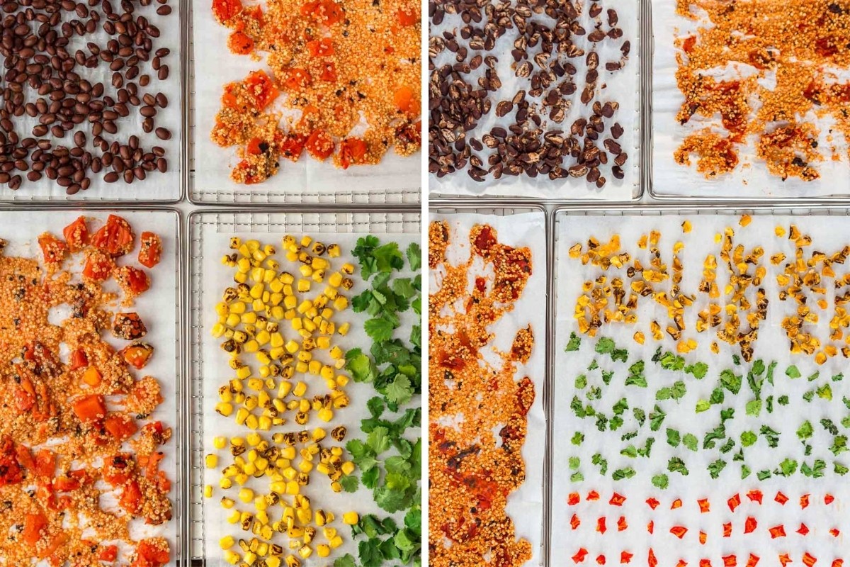 Two side by side images showing what ingredients look like before and after being dehydrated