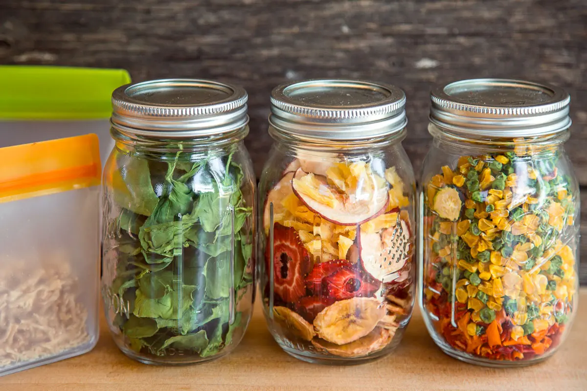Dehydrated fruit and vegetables in canning jars and resealable bags