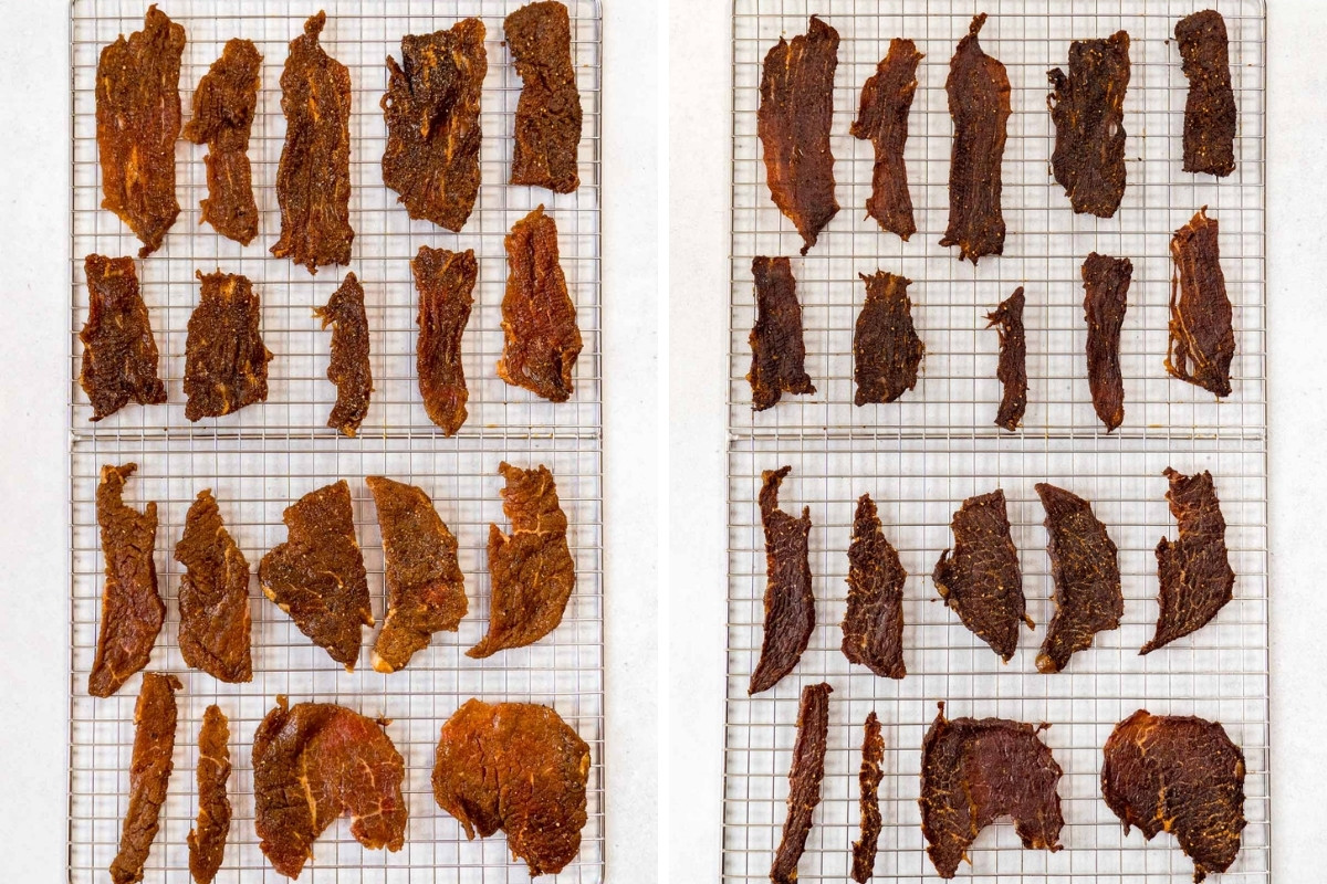 Split image showing jerky before and after dehydrating