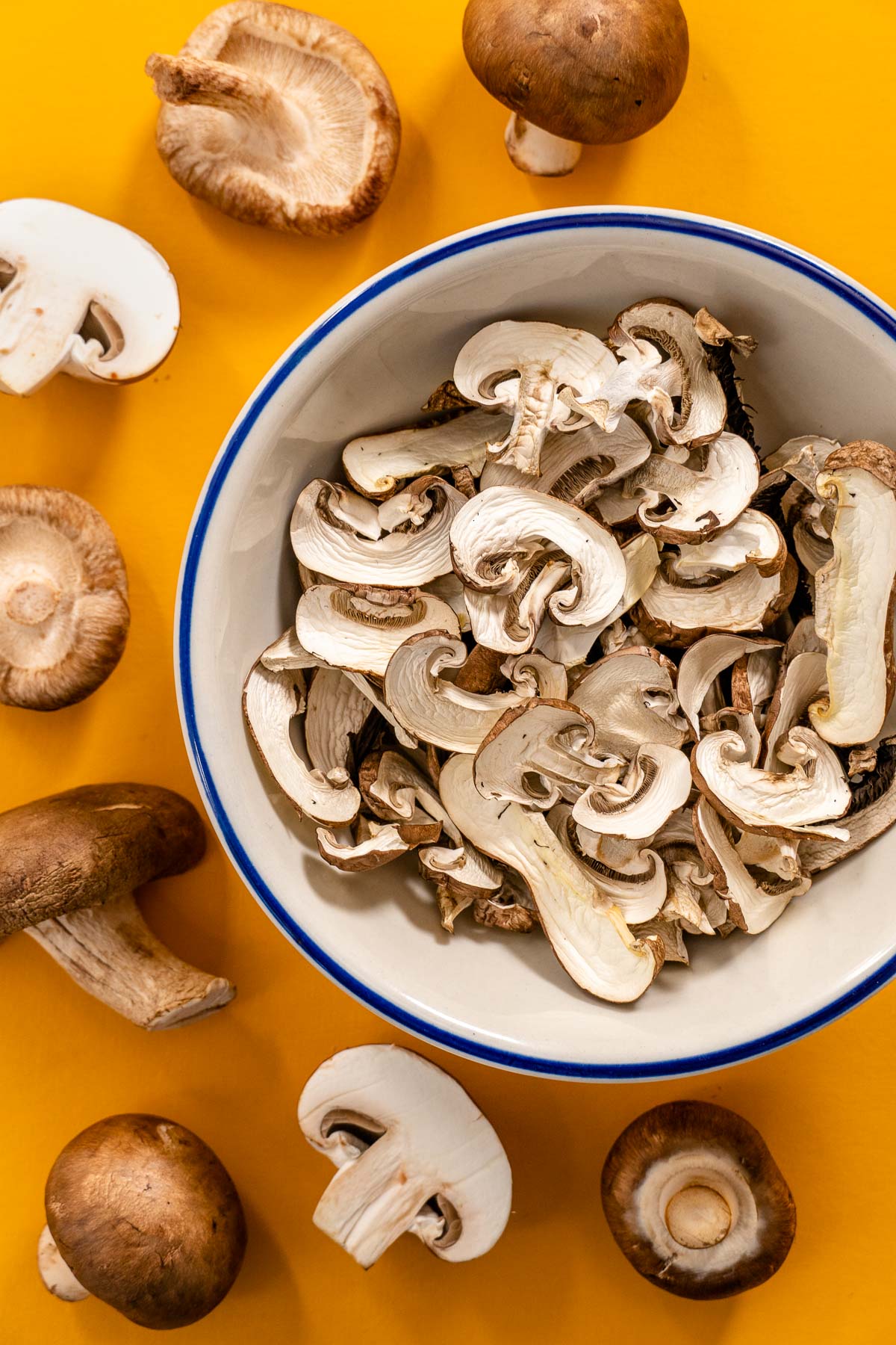 Dehydrated mushrooms in a bowl with an orange background
