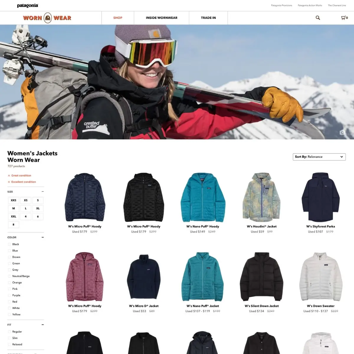 Screen shot of Patagonia worn wear website