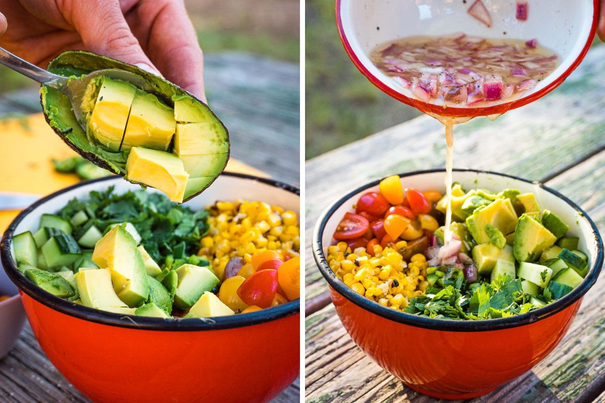 Left: Scooping avocado. Right: Pouring dressing into a bowl of corn salad.