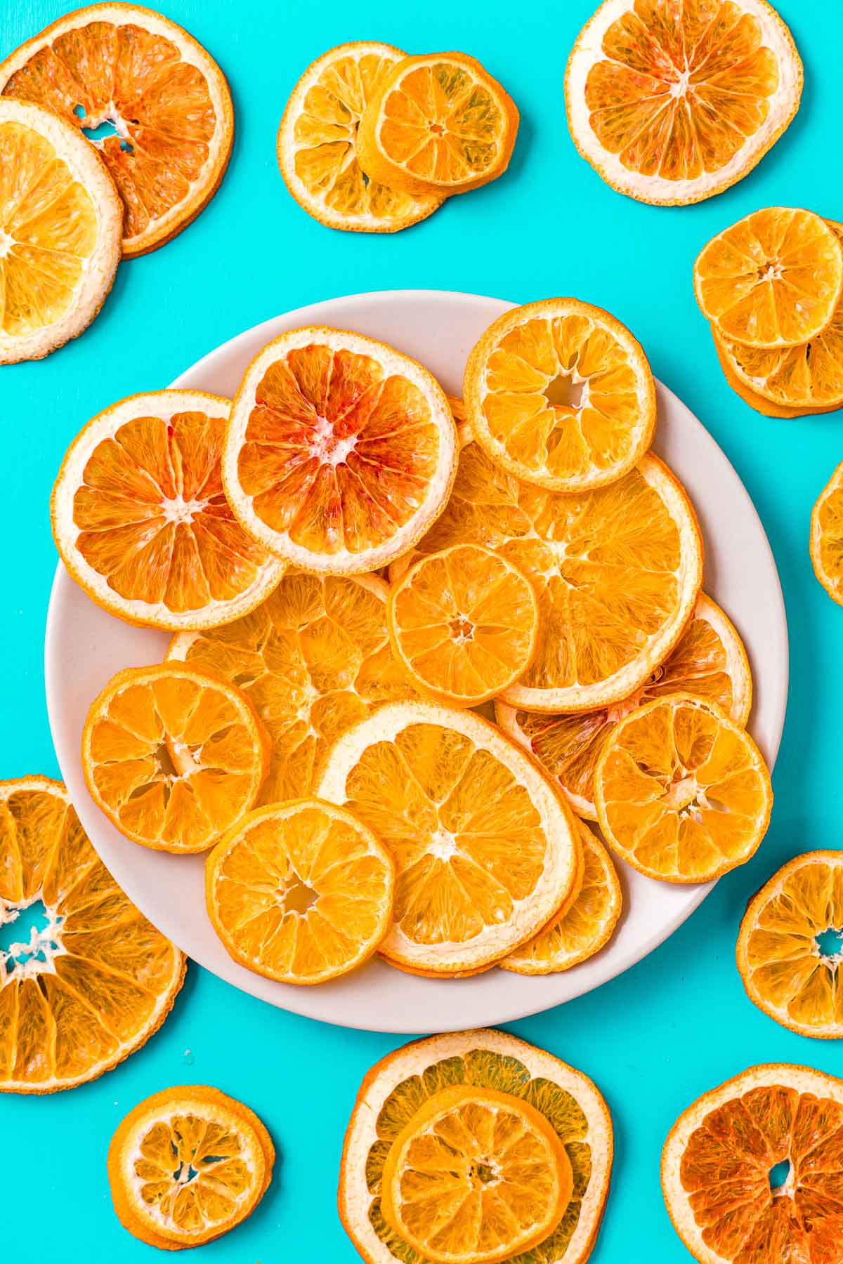Dried orange slices on a plate surrounded by dehydrated orange slices.