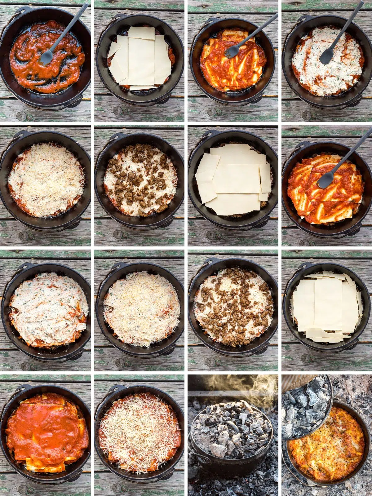 Steps to layer ingredients into the Dutch oven.