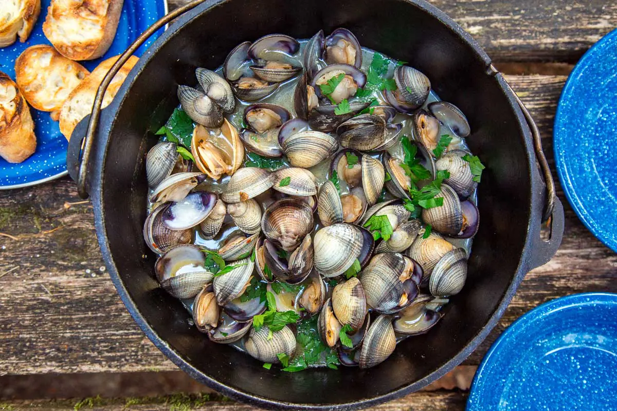 A Dutch oven filled with steamed clams on a table