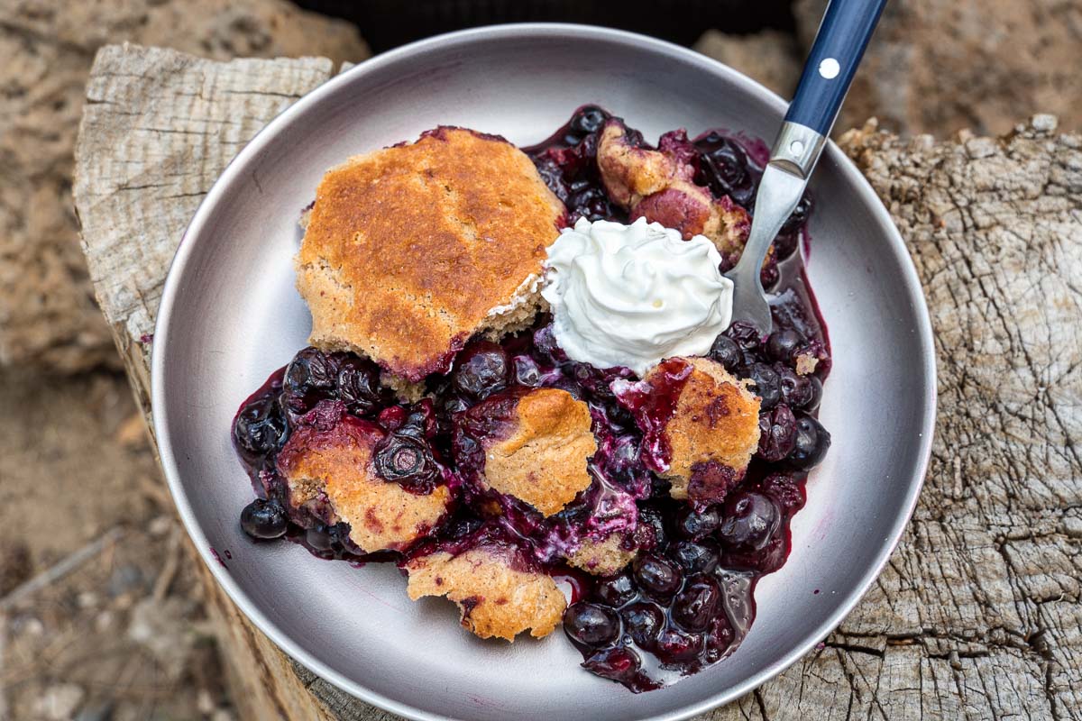 Blueberry cobbler and whipped cream on a plate