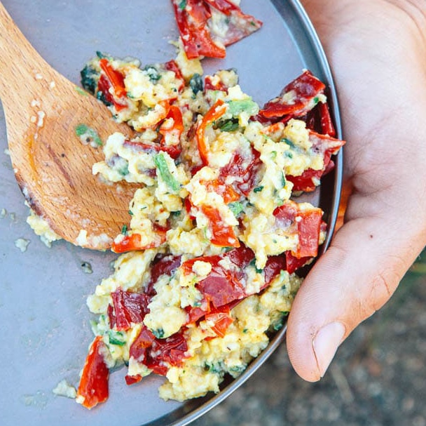 Backpacking Breakfast Scramble with Spinach and Sun Dried Peppers