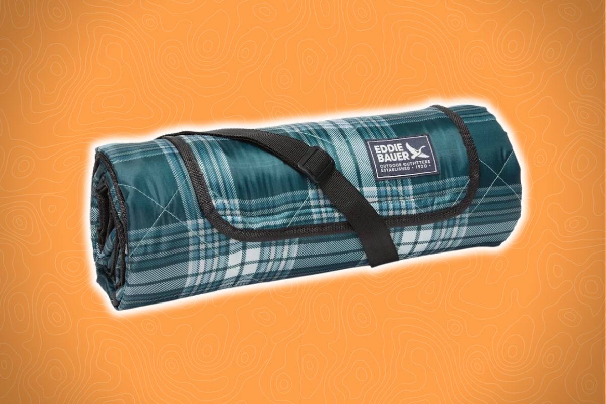 A rolled-up green and blue plaid picnic blanket with a black strap and Eddie Bauer label on an orange background with topographic patterns.