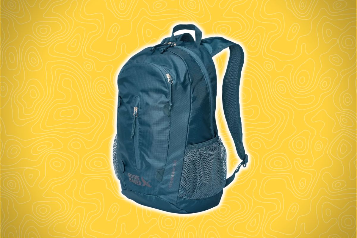 A blue backpack with two zippered compartments and mesh side pockets sits on a yellow background with a wavy map pattern.
