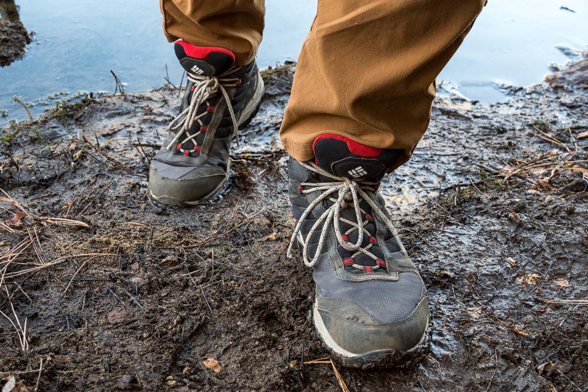 Waterproof boots on a muddy trail