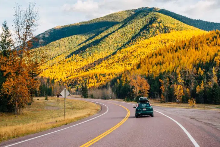 A car driving on a road with fall colors in the trees