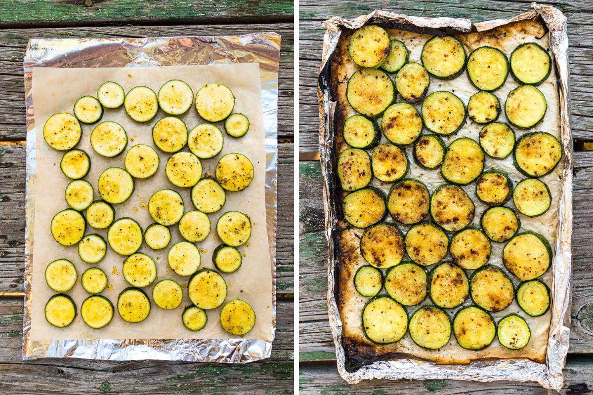 Zucchini rounds in a foil packet before and after grilling