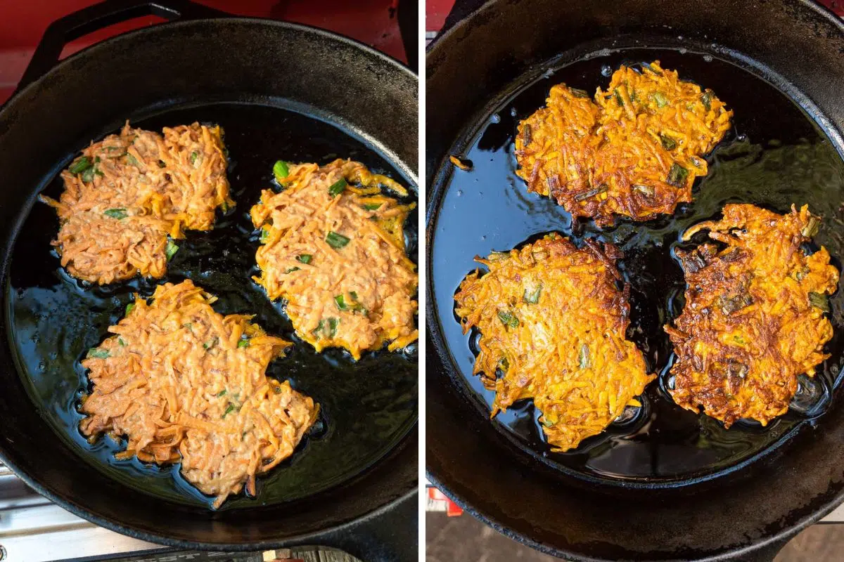 Frying three fritters in a cast iron pan