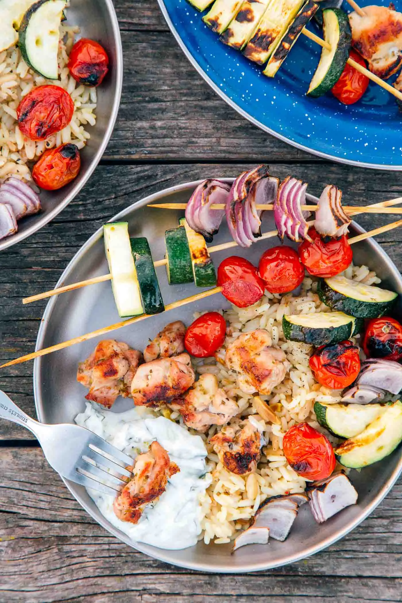 Grilled chicken and vegetable skewers with tzatziki sauce on a plate