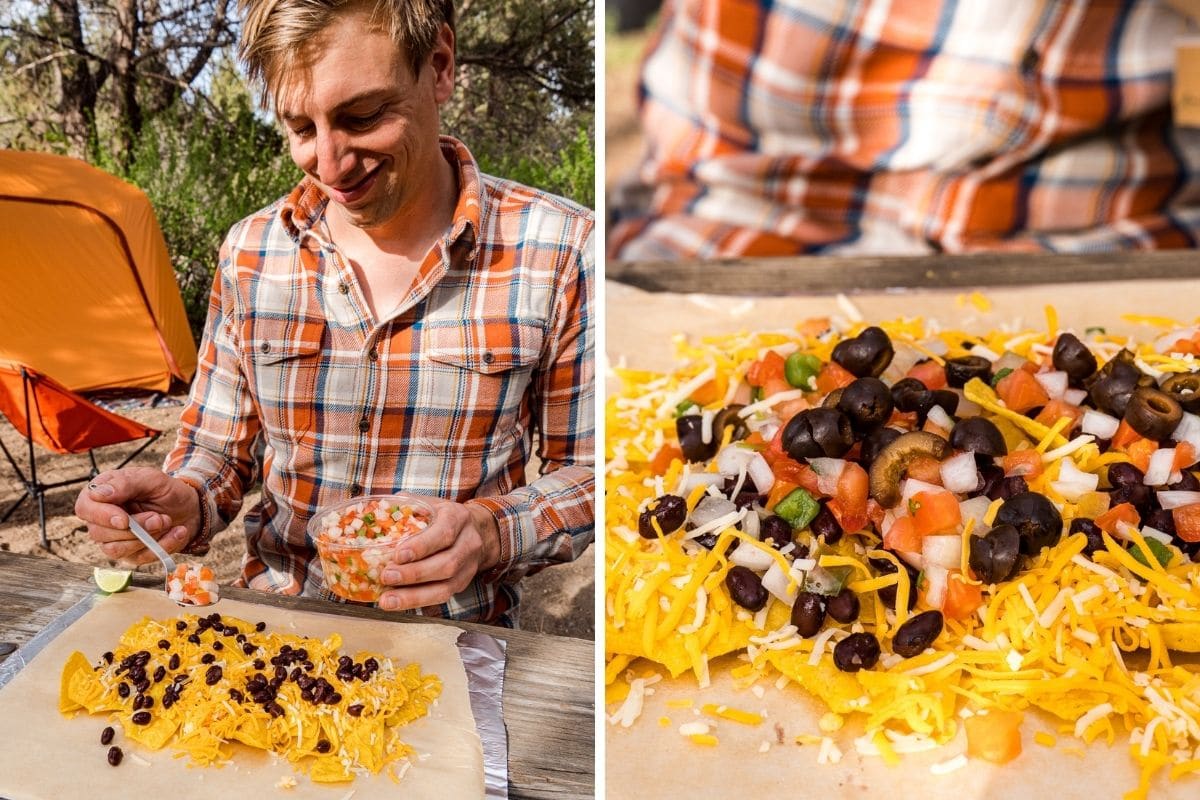 Loads nachos with cheese, beans and salsa