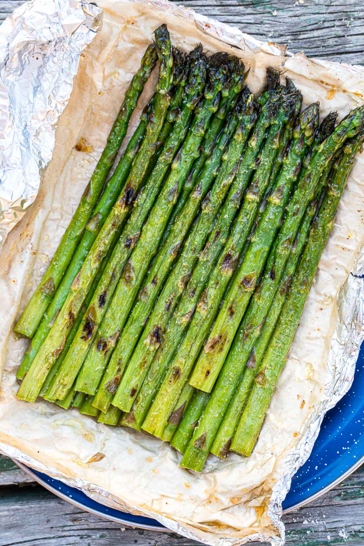 Grilled asparagus on a plate.