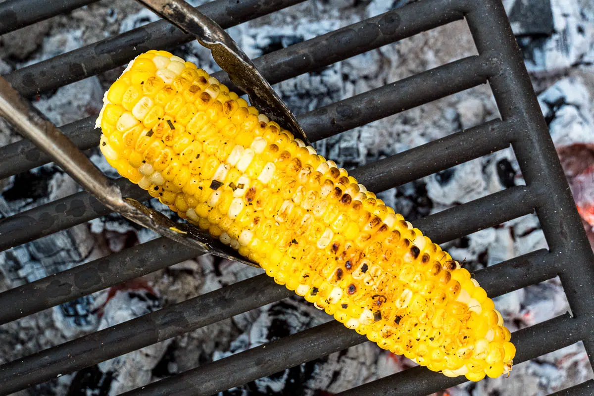 Corn without the husk on the grill with grill marks on the kernels