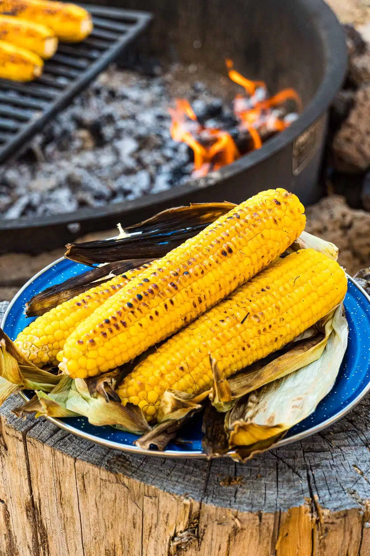 Grilled corn on the cob stacked on a blue plate.