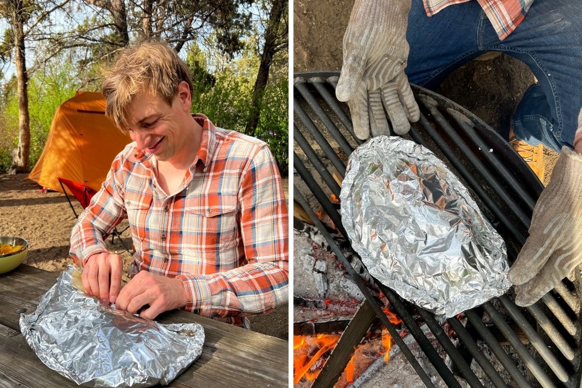 Picture 1: Sealing a foil package Picture 2: Placing a foil package over a fire