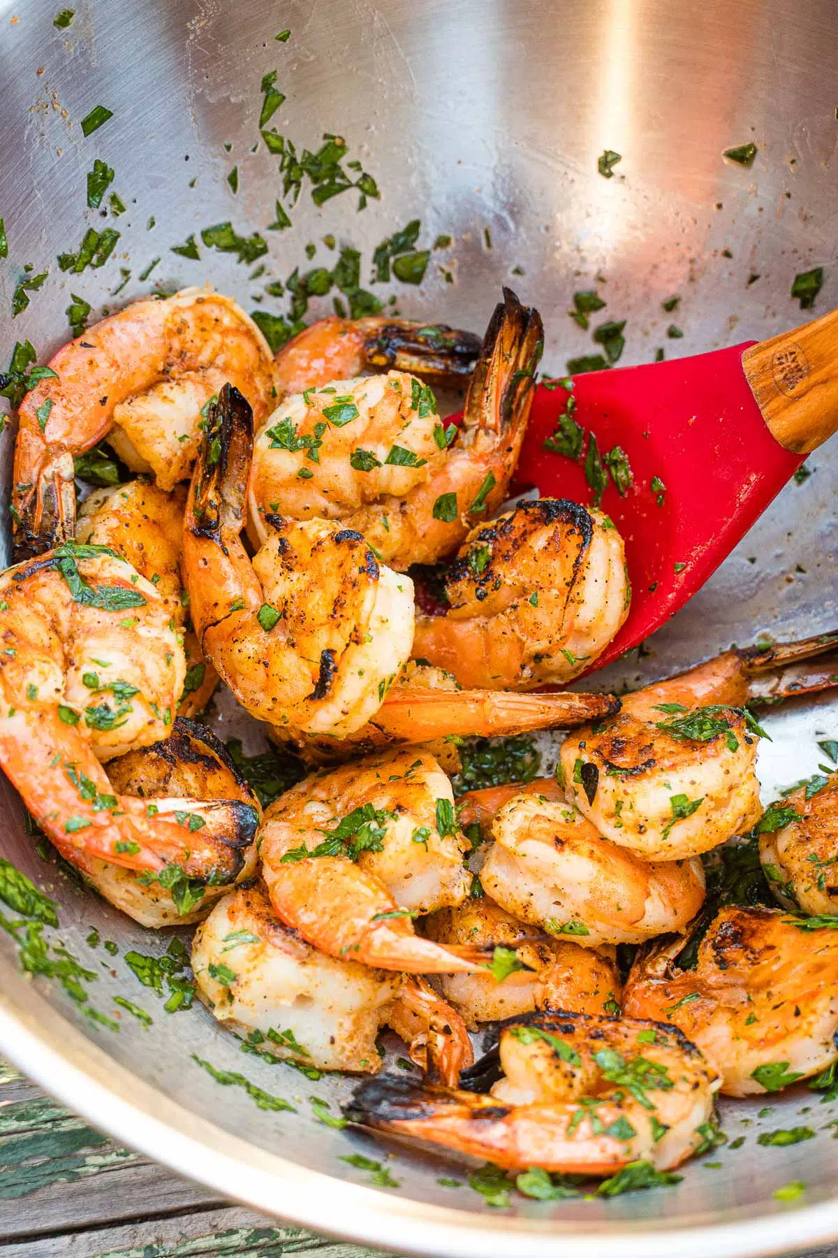 Shrimp in a bowl with butter and herbs
