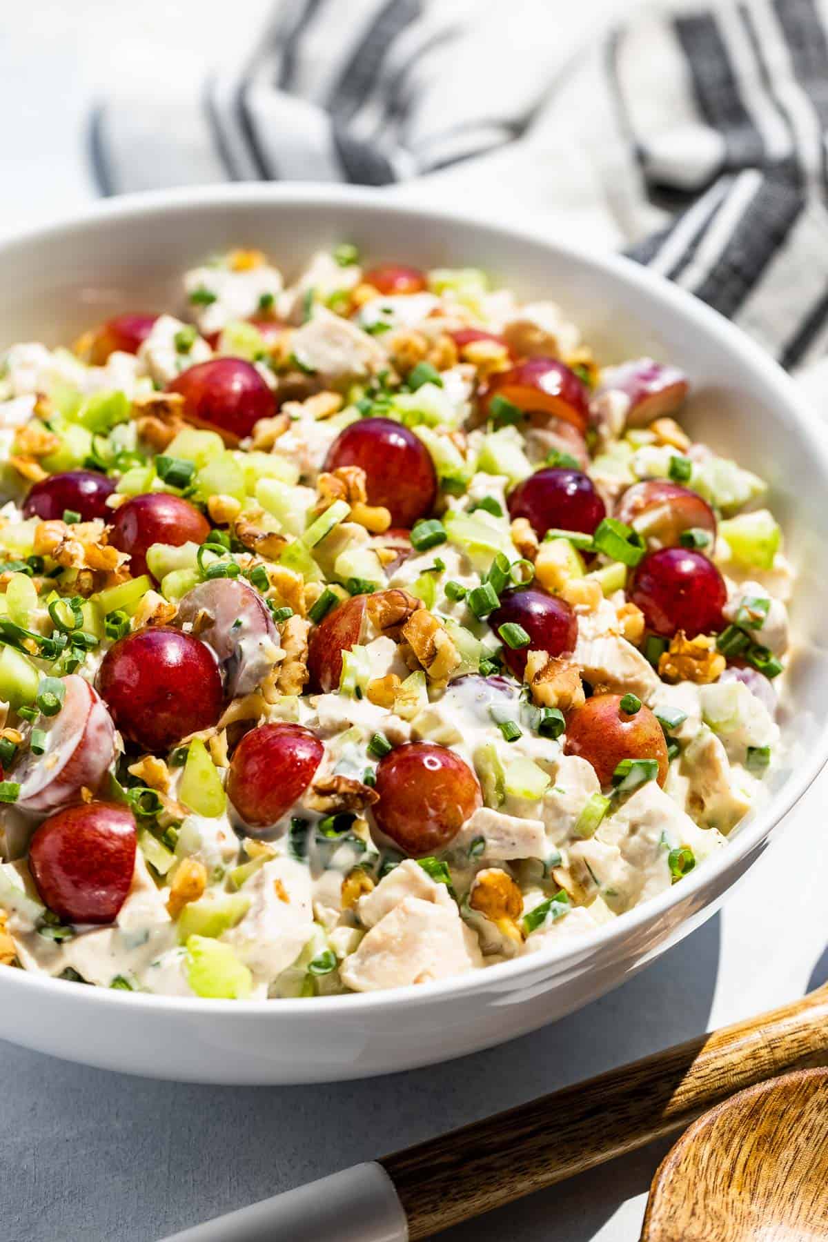 Chicken salad with grapes in a bowl.