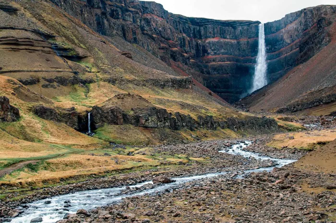River flowing through a valley in front of the Hengifoss waterfall