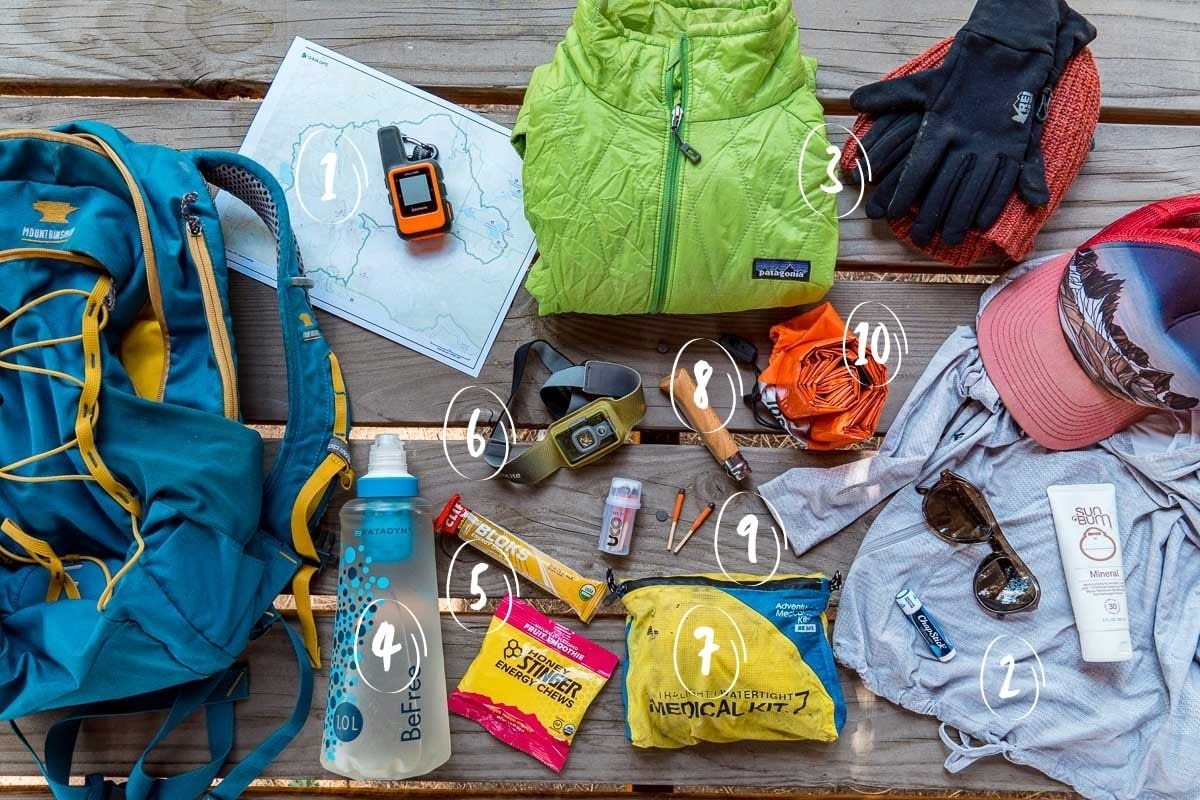 Flatlay of all the hiking 10 essentials with numbers