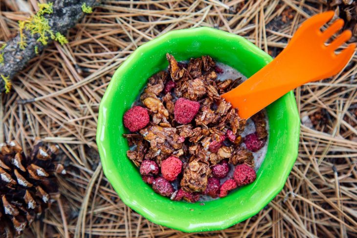 Coconut chocolate granola dotted with raspberries in a green bowl