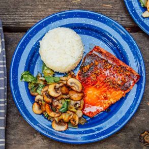 Honey glazed salmon, rice, and vegetables on a blue camping plate.