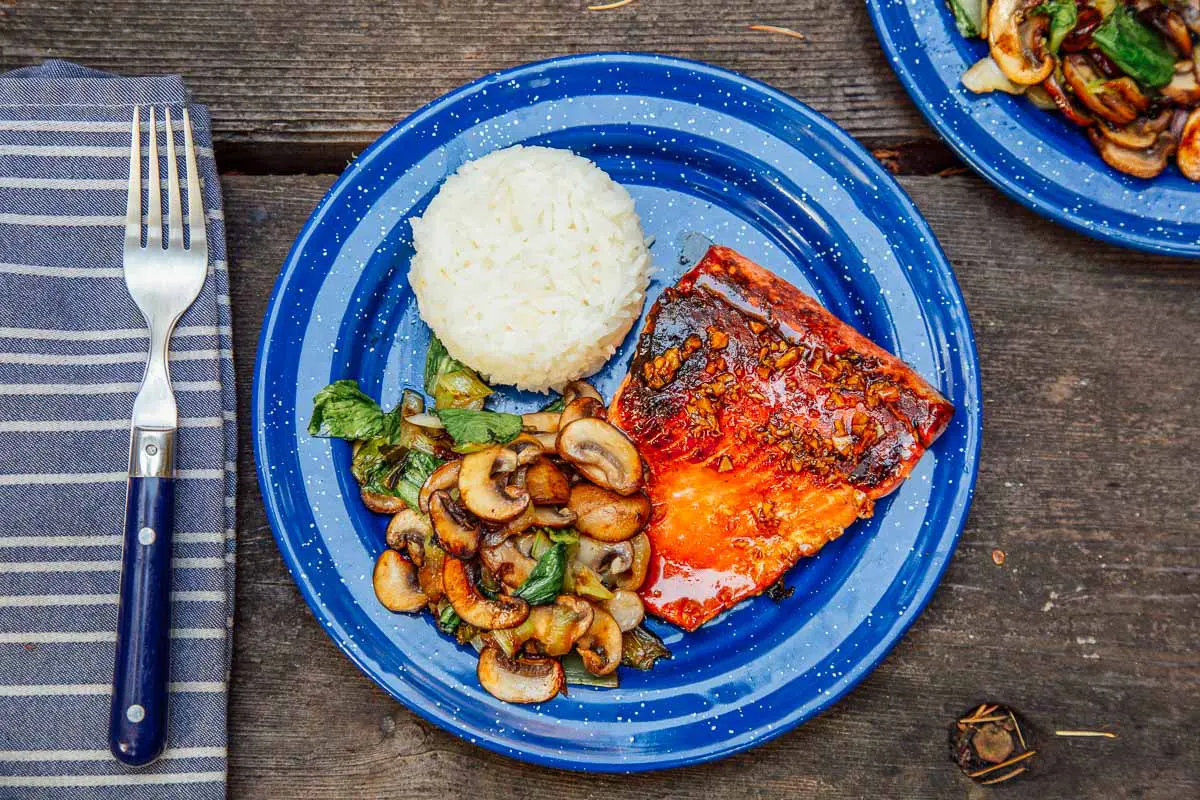 Honey glazed salmon, rice, and vegetables on a blue camping plate.