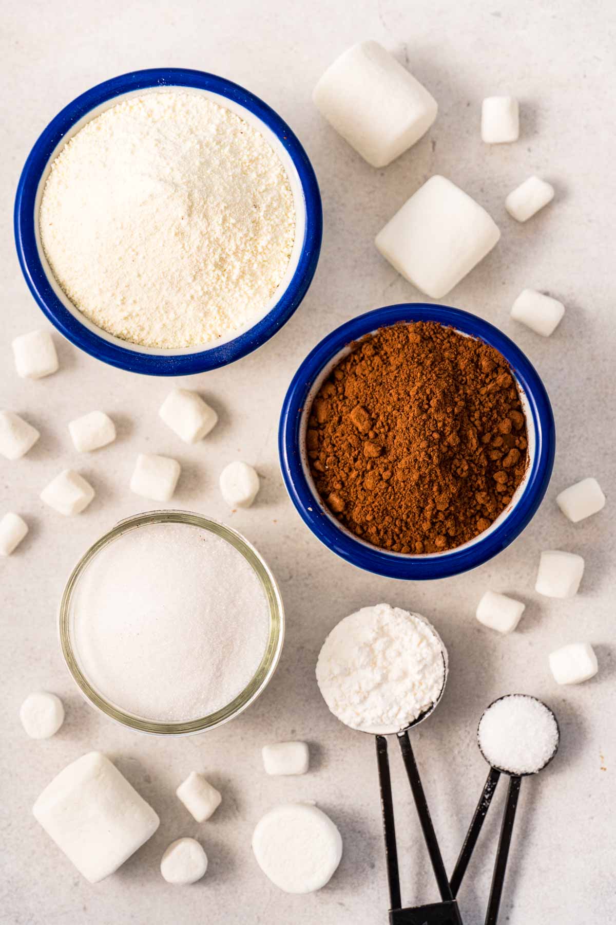 A top view of ingredients for DIY hot cocoa mix which are granulated sugar, dry milk (milk powder), unsweetened cocoa powder, cornstarch, and fine salt. Dehydrated marshmallows are also on display for topping the hot cocoa.