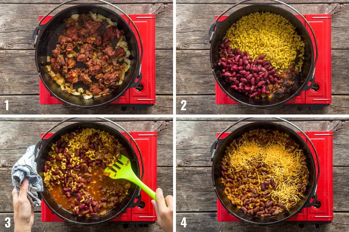 Step by step photos illustrating how to make chili mac