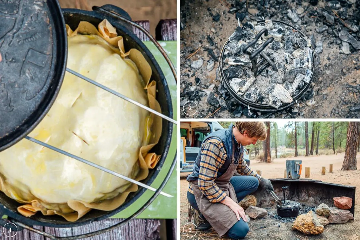 Cooking pie in a campfire ring in a Dutch oven