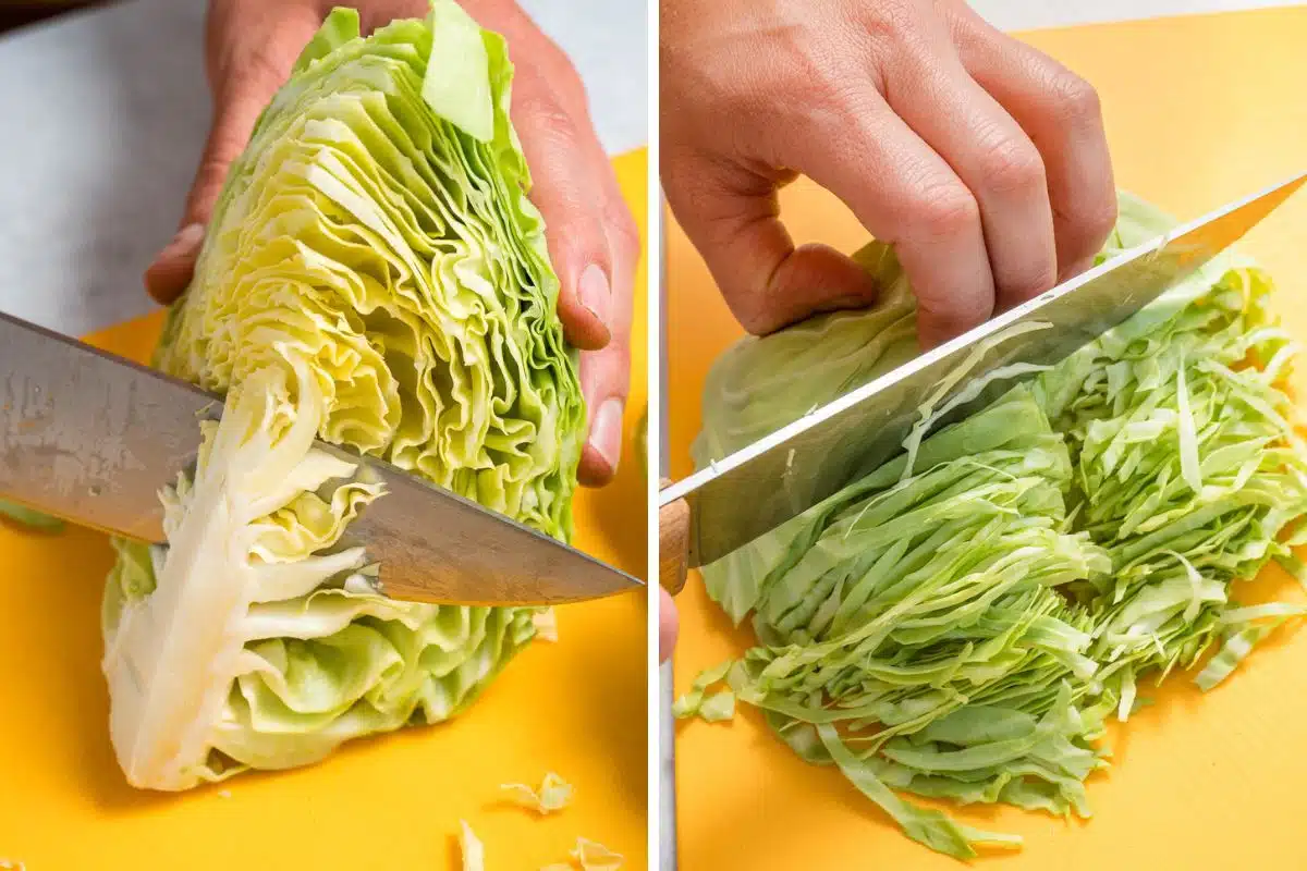 Cutting the core out of a cabbage and slicing the cabbage thin.